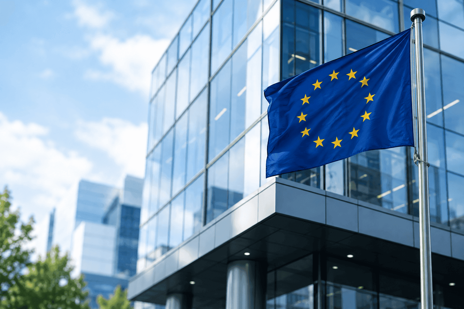 European Union flag in front of a modern glass office building