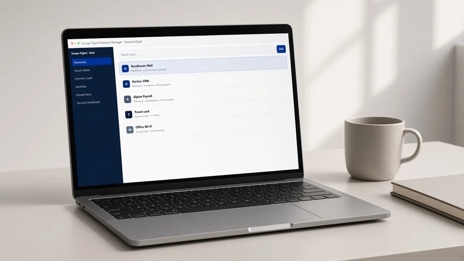 Laptop on a light desk showing a password manager vault with organized account entries