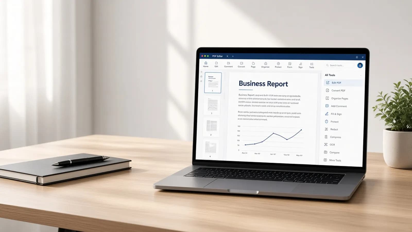 Laptop on a light office desk showing a PDF document editor with a business report open