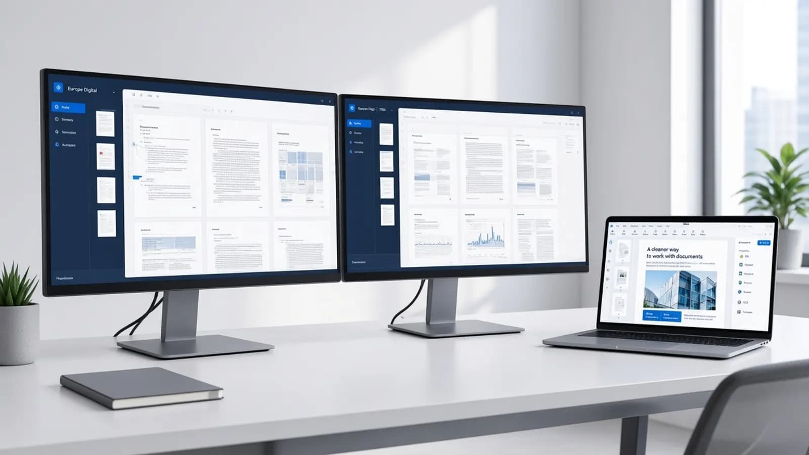 Dual monitors and a laptop on a clean office desk showing PDF documents and a document workspace